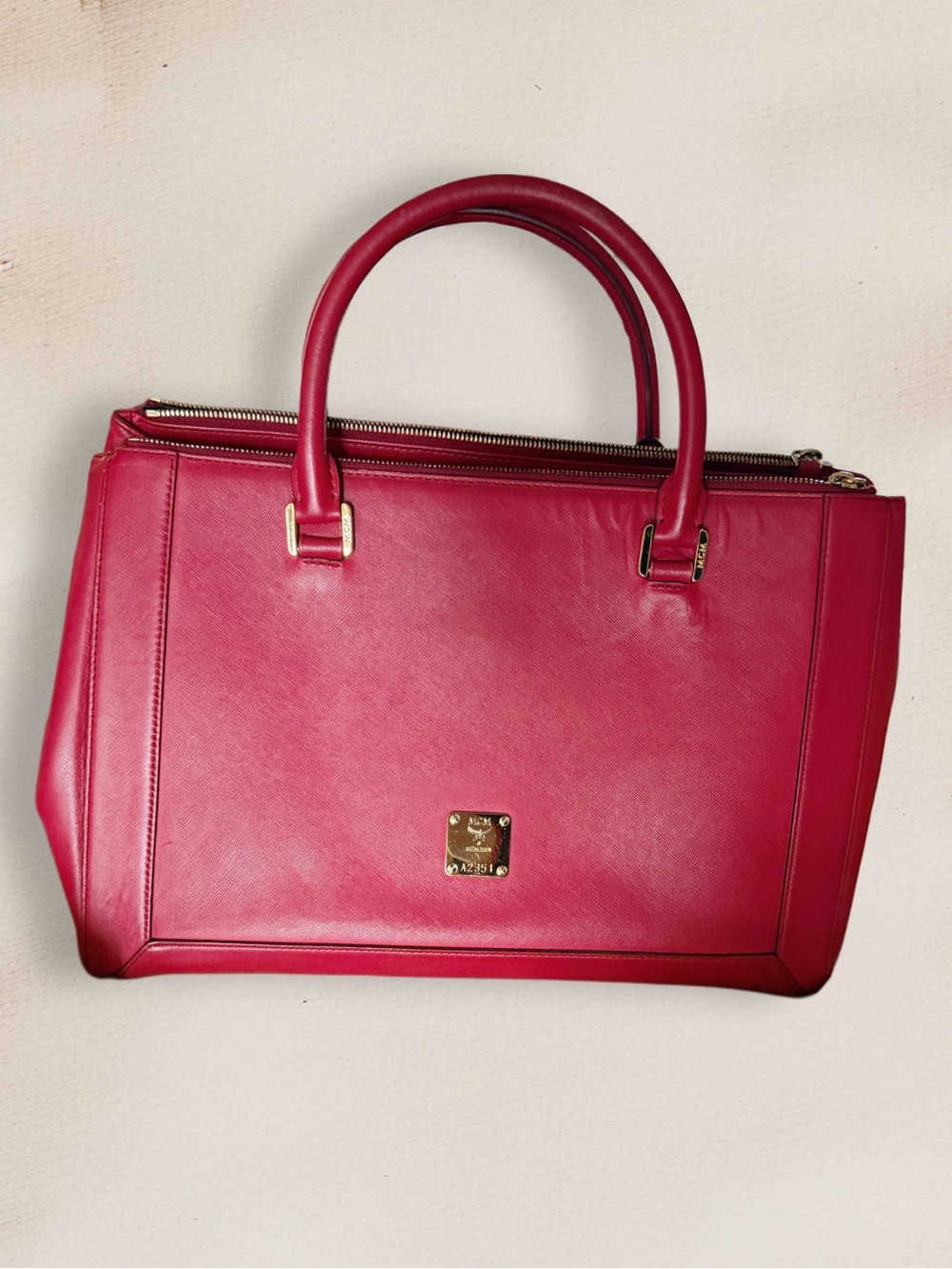 MCM red Structured Leather Satchel with Gold Hardware